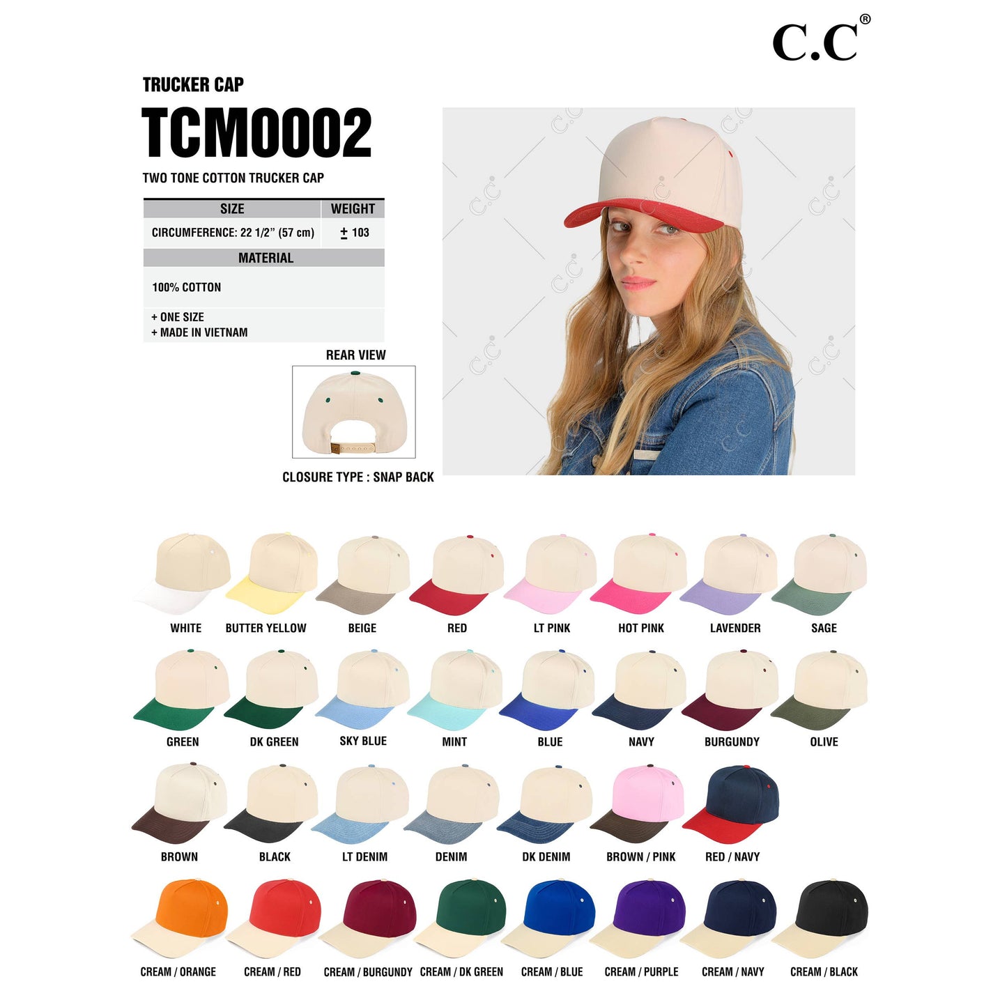 C.C ADULT Two Tone Canvas Trucker Hat Baseball Cap