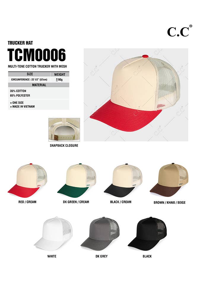 C.C Adult Multi Color Cotton Mesh Back Snapback Trucker Cap